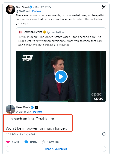 特鲁多言论惹火马斯克！怒称他是“无法忍受的工具”预言“不会掌权太久”